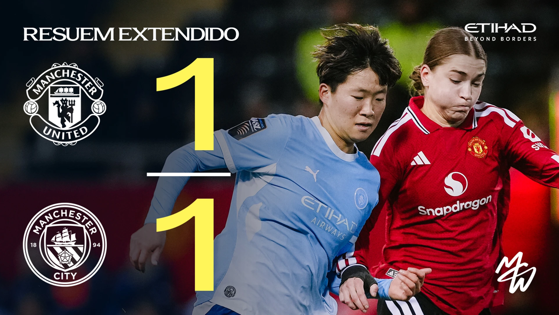 Scoreboard displaying a 1-1 draw between Manchester United and Manchester City, featuring two players competing for the ball.