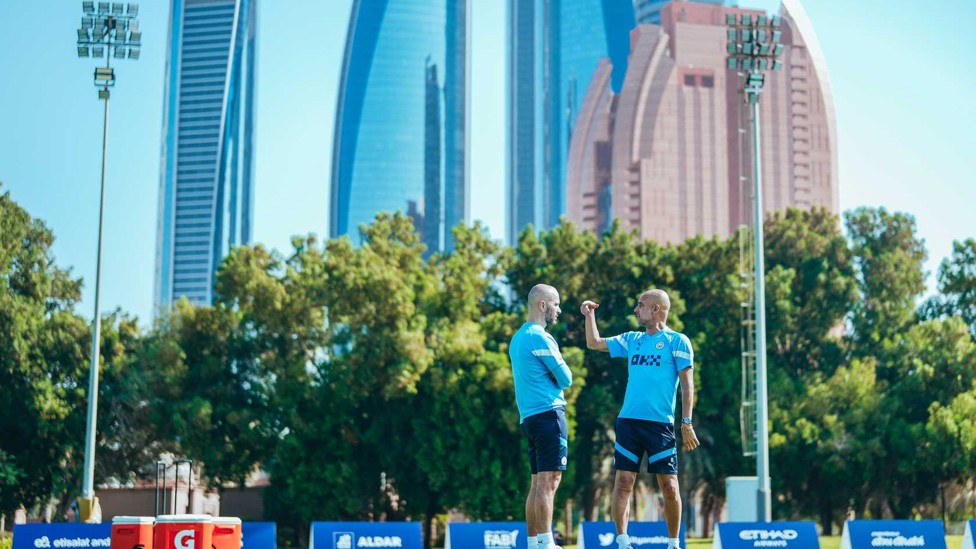 PEP TALK : Enzo and Pep in discussion during the mid-season break for the World Cup as the team head out to Abu Dhabi.