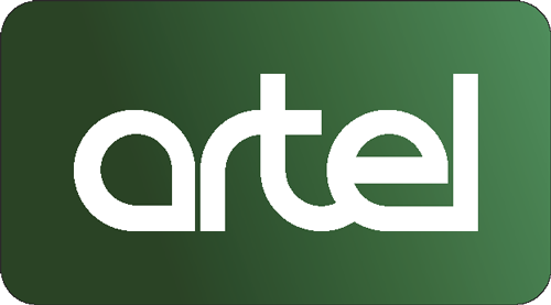 Logo of 'artel' in white text on a green gradient background.