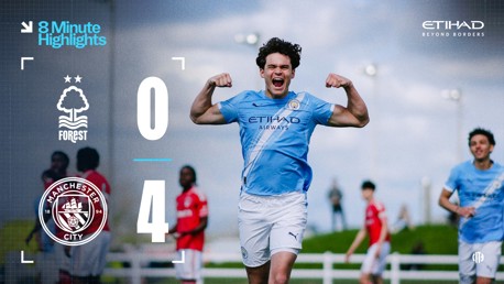 Manchester City defeated Nottingham Forest 4-0 with highlights available. The image features Manchester City players celebrating the victory.