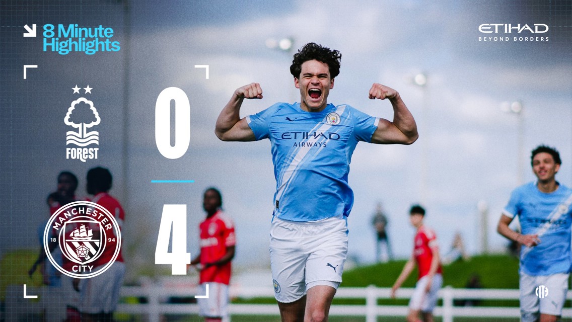 Manchester City defeated Nottingham Forest 4-0 with highlights available. The image features Manchester City players celebrating the victory.