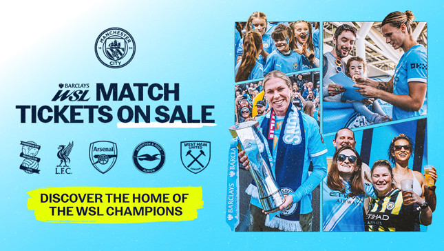 Manchester City promo for Barclays WSL match tickets with a fan holding a trophy. Includes logos of Arsenal, Liverpool, Brighton & Hove Albion, and West Ham United.