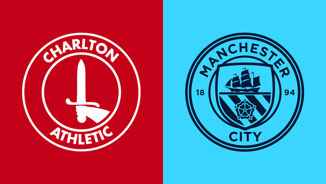 Two football club logos side by side: Charlton Athletic on red background, Manchester City on blue background.