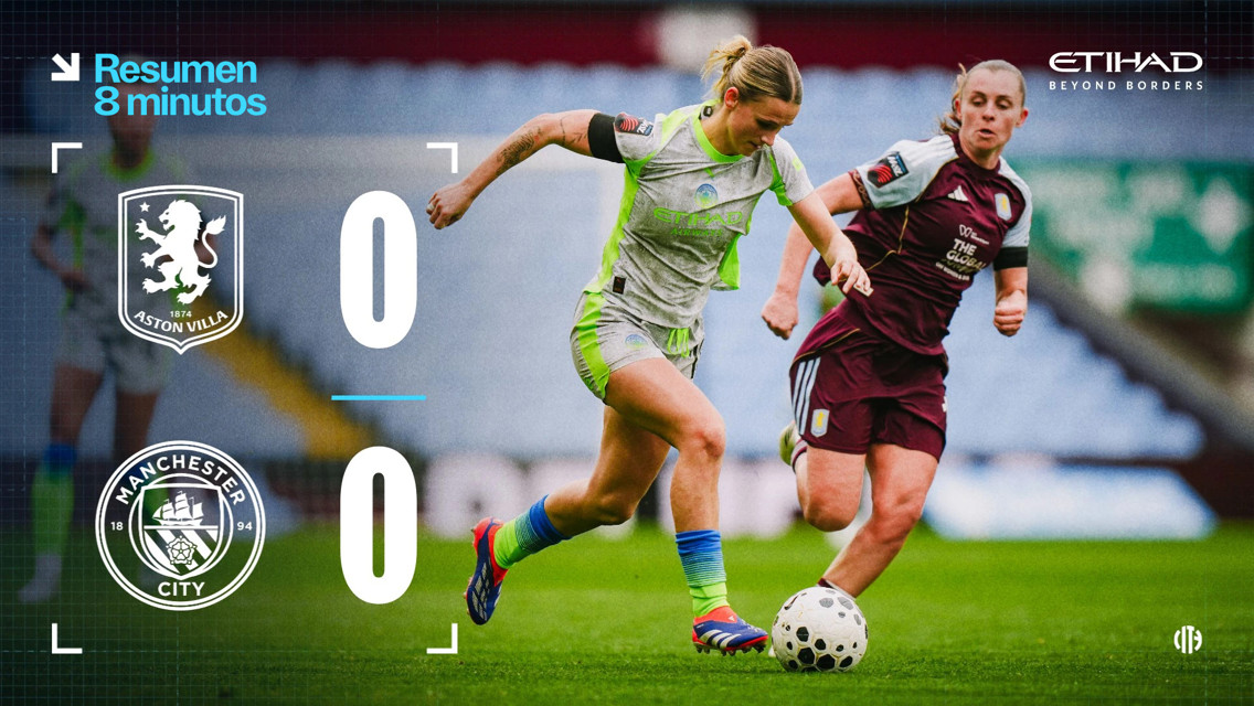 The image shows a women's soccer match summary between Aston Villa and Manchester City with a final score of 0-0.