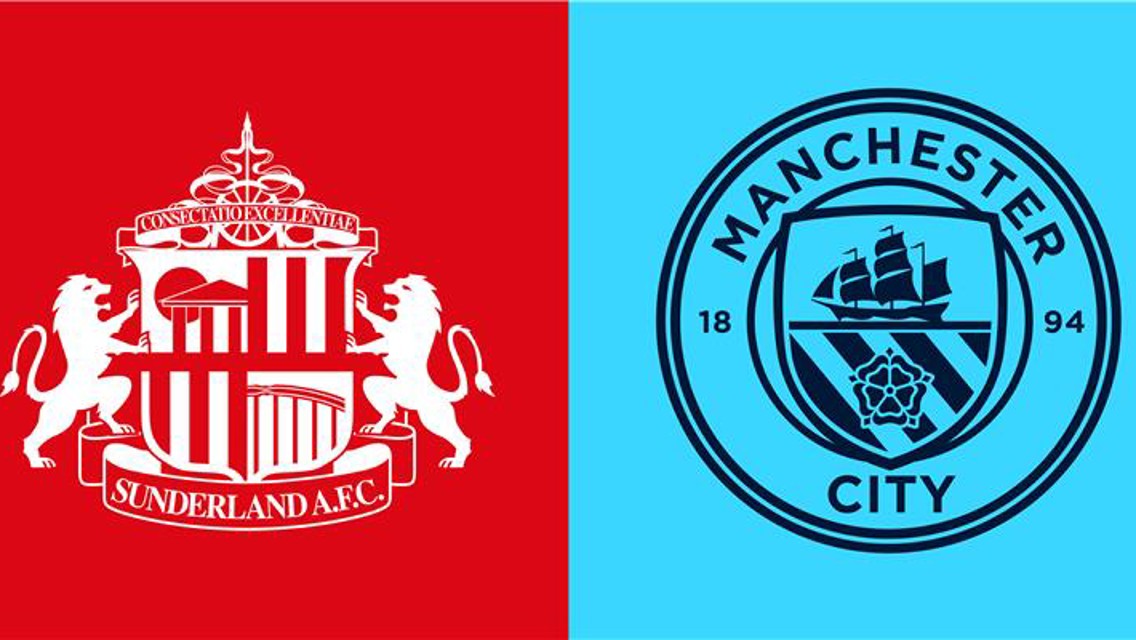 The image shows the logos of Sunderland A.F.C. on a red background and Manchester City on a blue background, side by side.