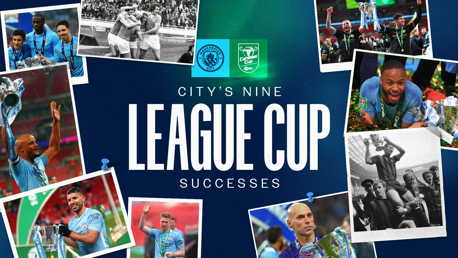 Collage celebrating Manchester City's nine League Cup victories, featuring images of players holding the trophy and logos of Manchester City and Carabao Cup.