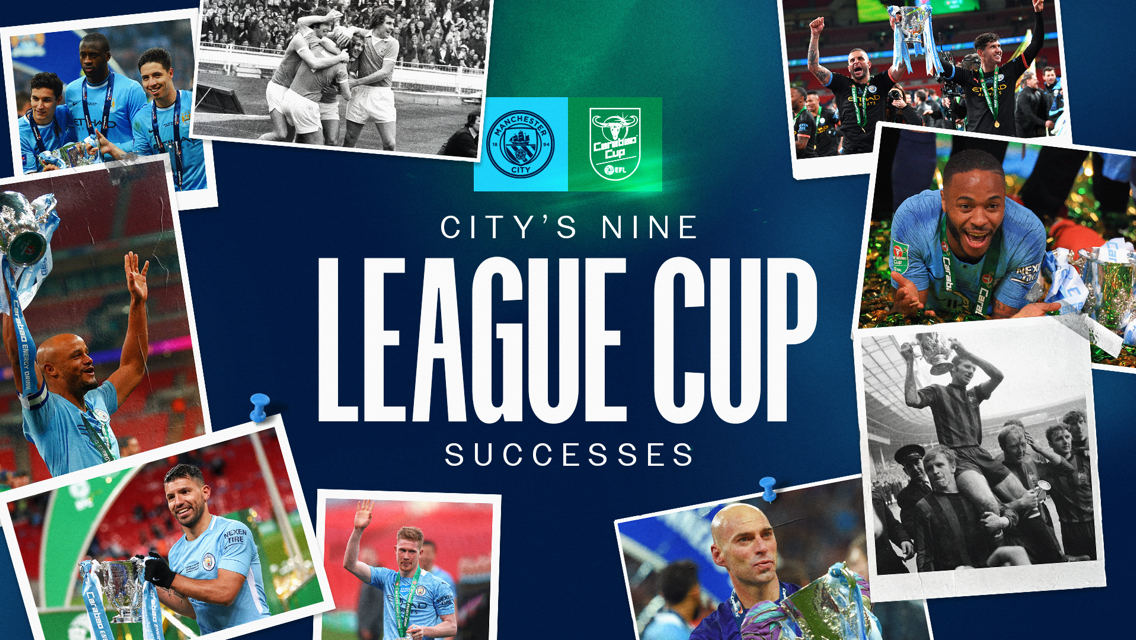 Collage celebrating Manchester City's nine League Cup victories, featuring images of players holding the trophy and logos of Manchester City and Carabao Cup.