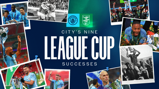 Collage celebrating Manchester City's nine League Cup victories, featuring images of players holding the trophy and logos of Manchester City and Carabao Cup.