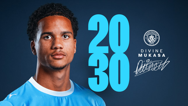 A Manchester City contract announcement featuring the club's logo and the name Divine Mukasa signed until 2030.