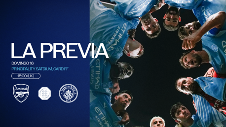 Match preview image for Arsenal vs Manchester City. Scheduled for Sunday, 16th at Principality Stadium, Cardiff. Kick-off at 15:00 UK. Features team photo of players looking up in Manchester City kits.