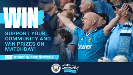 Manchester City lottery promotion encouraging community support with prizes, featuring a crowd of fans in blue jerseys at a match.