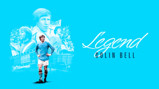 Poster featuring a football player in a blue kit with 'Legend Colin Bell' written in stylized text on a light blue background; blurred faces in the collage.