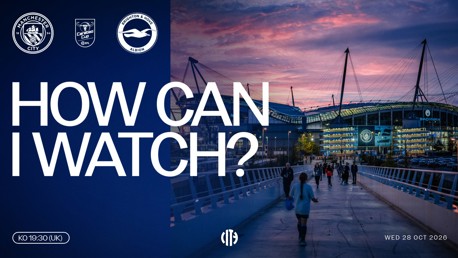A promotional image for the Manchester City vs Brighton & Hove Albion match in the Carabao Cup on Wednesday, 28 October 2026. Features Etihad Stadium and game details including kick-off time at 19:30 UK.