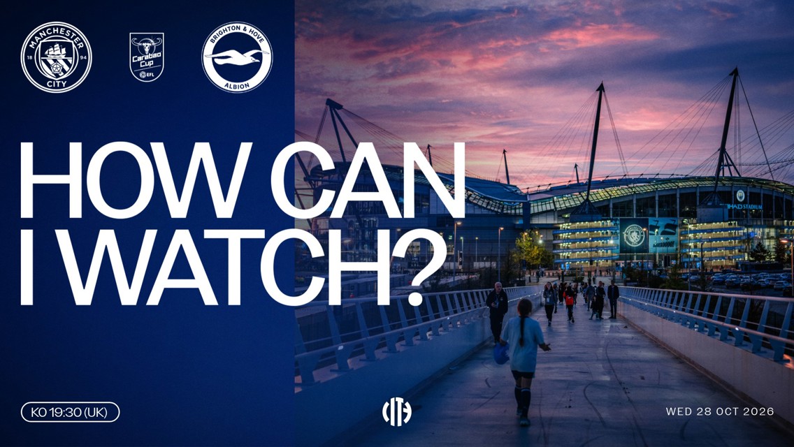 A promotional image for the Manchester City vs Brighton & Hove Albion match in the Carabao Cup on Wednesday, 28 October 2026. Features Etihad Stadium and game details including kick-off time at 19:30 UK.