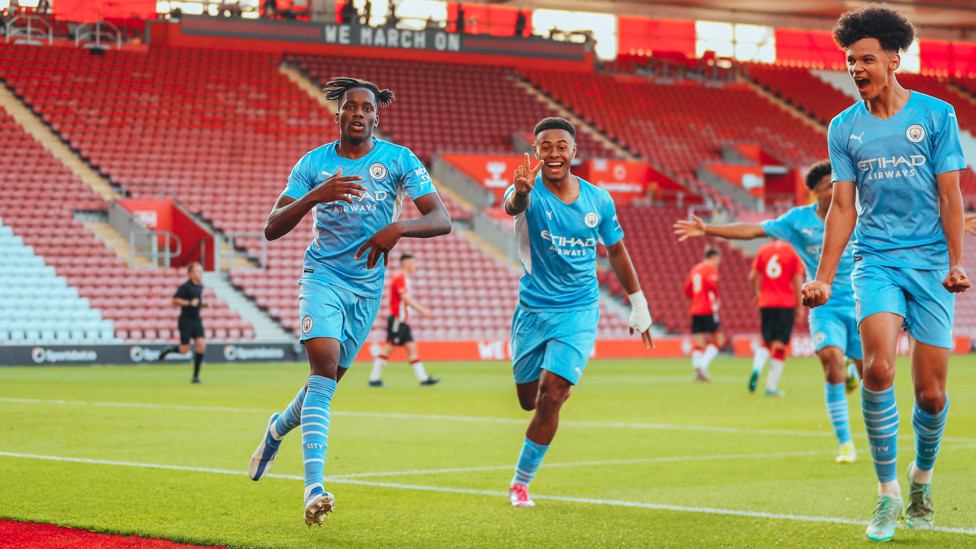 DIRE DELIGHT : Mebude, Tai Sodje and Nico O'Reilly celebrate in front of the camera
