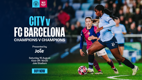City vs FC Barcelona match poster with game details for Saturday 15 August, 16:00 at Joie Stadium.