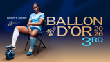 Bunny Shaw in a football kit with the Ballon d'Or 2026 text indicating a 3rd place finish.