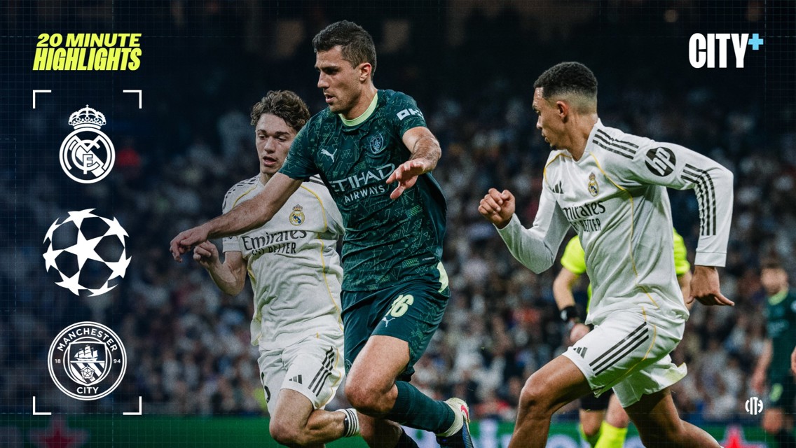 Three soccer players in action during a match between Real Madrid and Manchester City. The image includes the UEFA Champions League logo and both team logos.