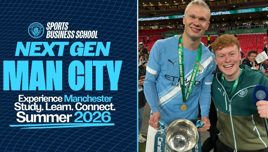 Promotional content for Manchester City's Sports Business School, offering a 'Next Gen' experience in Summer 2026, featuring a player with a Carabao Cup trophy.