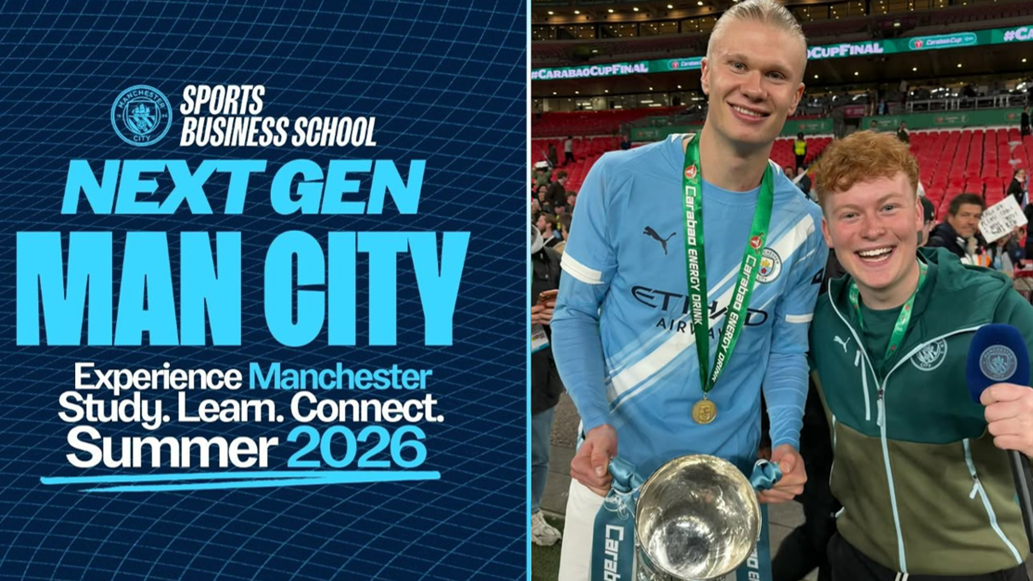 Promotional content for Manchester City's Sports Business School, offering a 'Next Gen' experience in Summer 2026, featuring a player with a Carabao Cup trophy.