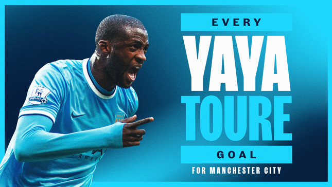 A digital graphic featuring a soccer player in a Manchester City kit celebrating a goal, with large text displaying 'EVERY YAYA TOURE GOAL FOR MANCHESTER CITY.'