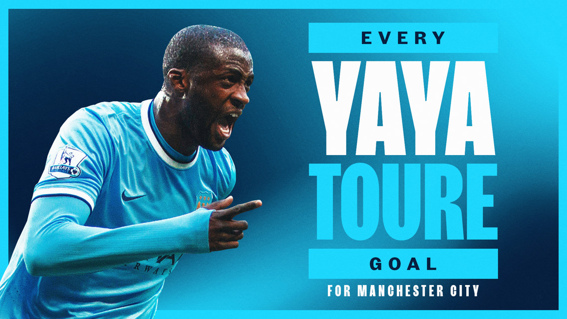 A digital graphic featuring a soccer player in a Manchester City kit celebrating a goal, with large text displaying 'EVERY YAYA TOURE GOAL FOR MANCHESTER CITY.'