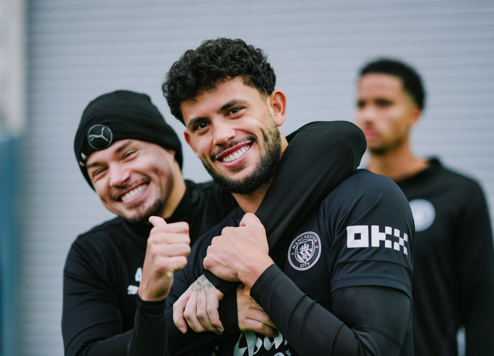 GOOD SPIRITS : Kalvin Phillips and Matheus Nunes smile for the camera.