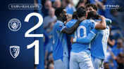 Manchester City won 2-1 against Bournemouth. Players celebrating during the match, featuring logos and score with '8 Min Highlights' header.