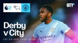 Promotional image for Derby v Manchester City match on April 3, 2026, featuring Manchester City player in blue jersey.