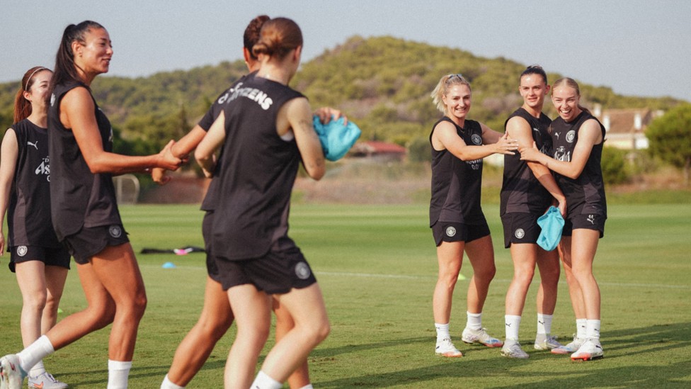 ALL SMILES: Leila Ouahabi, Laura Coombs, Lily Murphy and Codie Thomas summed up the positive mood in camp.