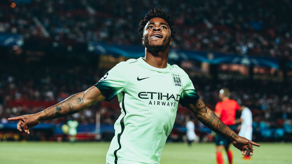 EUROPEAN IMPACT : Raheem grabbed his first Champions League goal in City's 3-1 win away to Sevilla one month later.