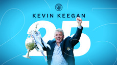 Celebratory image of former manager holding a trophy with Manchester City elements in the background.