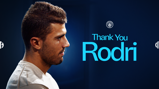 Side profile view of a man accompanied by 'Thank You Rodri' text and Manchester City logo on a dark blue background.