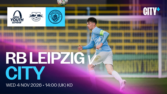 RB Leipzig vs City UEFA Youth League match promo image featuring a player in a light blue jersey. The match is scheduled for Wed, 4 Nov 2026, at 14:00 (UK).