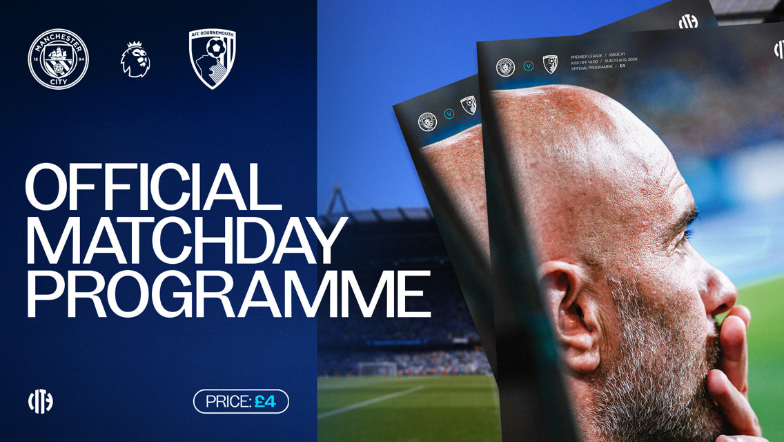 Official matchday programme for Manchester City vs AFC Bournemouth, featuring the match details and price (£4). Includes logos for Manchester City, Premier League, and AFC Bournemouth.