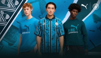 Three individuals posing in Manchester City merchandise, including a Puma jersey and two shirts with 'KING Manchester City' text.