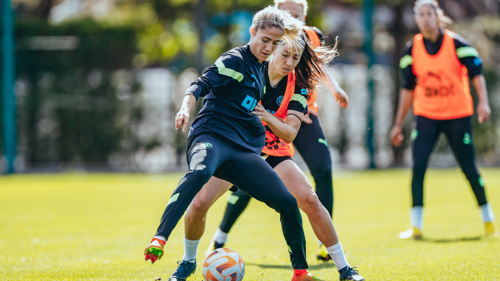 TOUCH TIGHT : Laia Aleixandri and Vicky Losada tussle for possession
