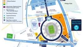 Etihad Stadium map showing entrances, bag drop locations, bus stops, Metrolink stops, and surrounding facilities.