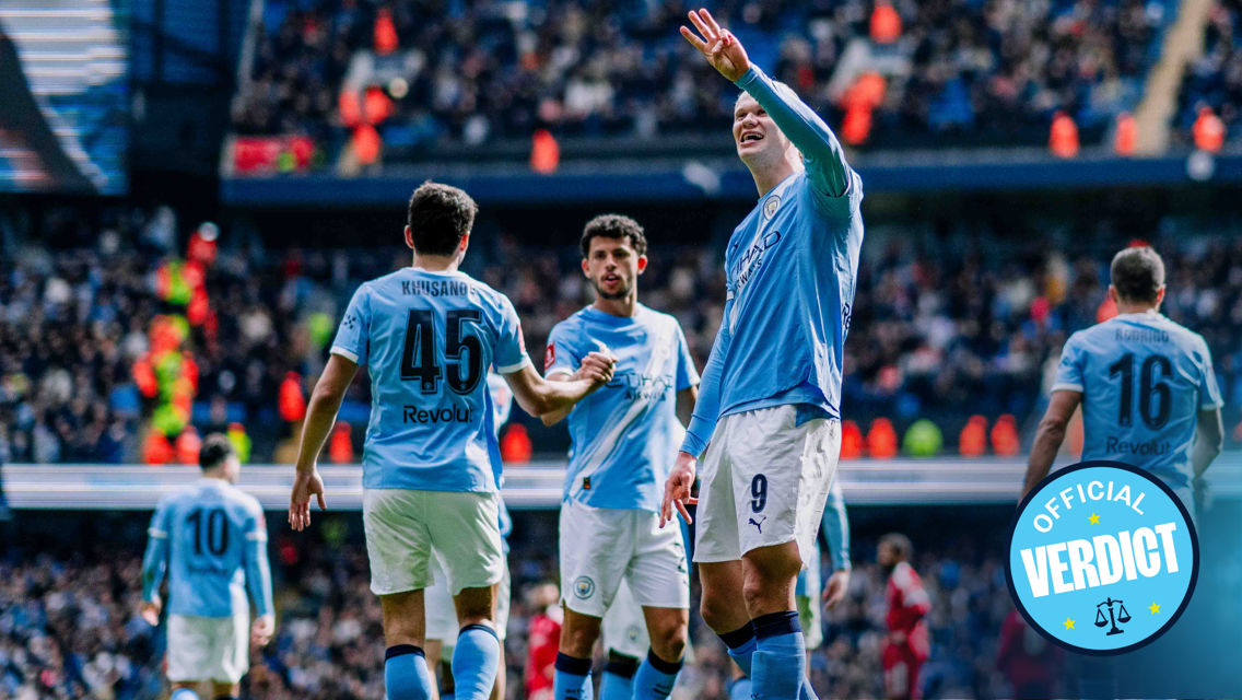 Manchester City players celebrating a goal on the field, with one player raising three fingers. 'Official Verdict' badge visible.