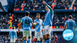 Manchester City players celebrating a goal on the field, with one player raising three fingers. 'Official Verdict' badge visible.