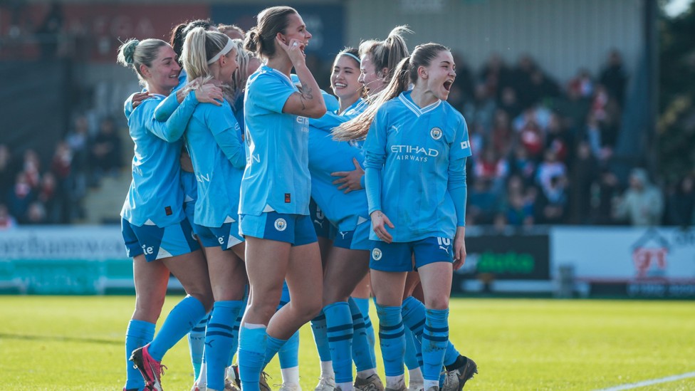 UP FOR THE CUP : Casparij celebrates with her team-mates during our 1-0 FA Cup win away at Arsenal in February 2024. 