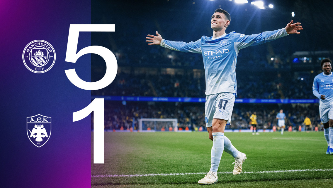Manchester City defeated AEK Athens 5-1. A Manchester City player wearing the number 47 celebrates with arms wide open. The logos of both teams are shown.