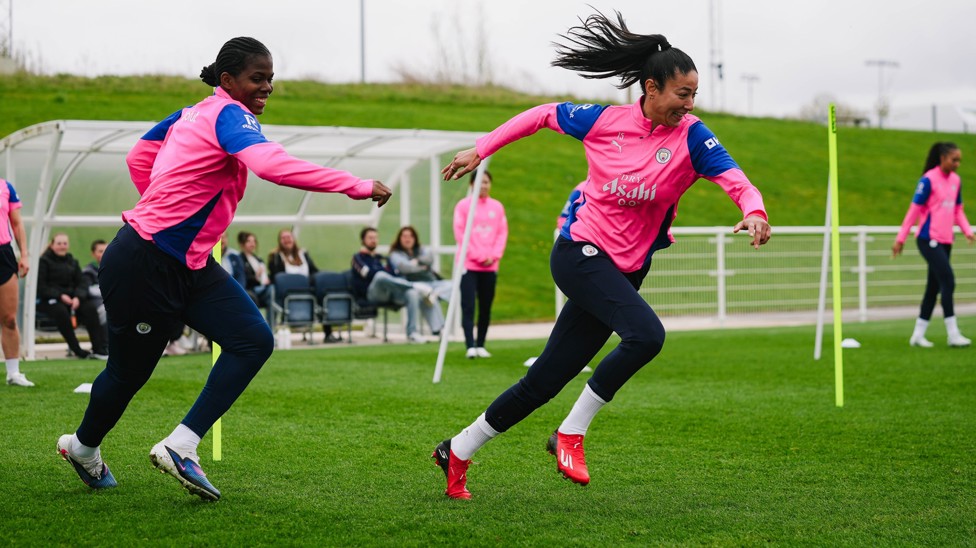 DUEL: Khadija Shaw and Leila Ouahabi tussle for the ball