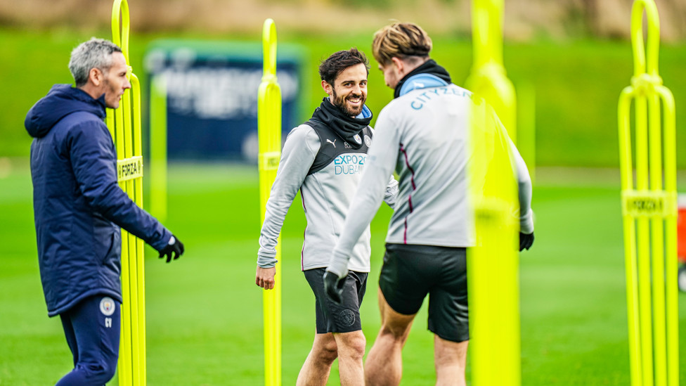HIGH SPIRITS: Bernardo Silva and Jack Grealish were in positive mood at Thursday's session