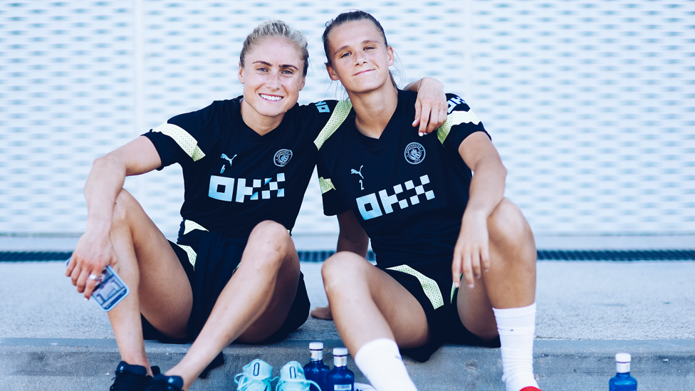 REST AND RECOVER : Steph Houghton and Kerstin Casparij after today's session