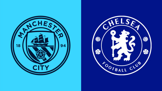 Image showing the logos of Manchester City and Chelsea football clubs side by side on contrasting backgrounds.