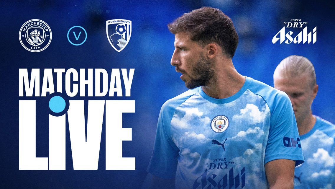 Promotional image for Manchester City vs AFC Bournemouth matchday live, featuring a football player in a cloud-themed Manchester City kit and various logos.