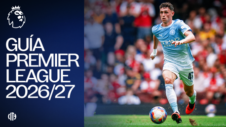 Premier League 2026/27 Guide cover featuring a player in Manchester City kit during a match.