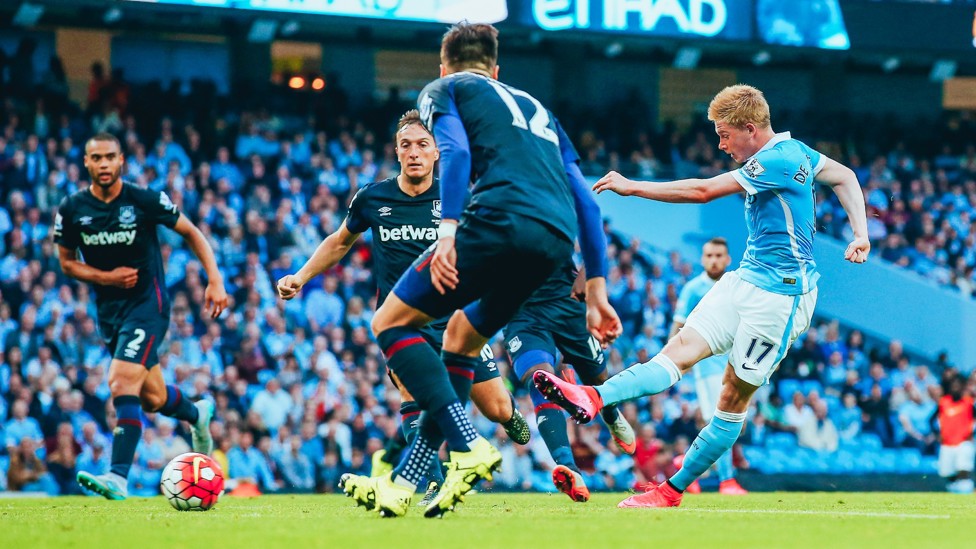 FIRST STRIKE : KDB nets his first City goal, thumping home against West Ham