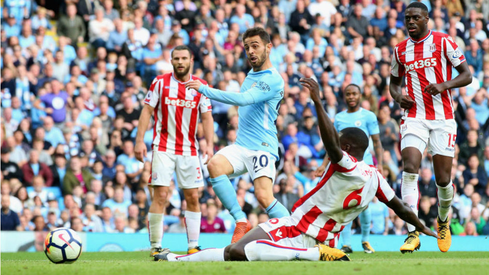STRIKE ONE : Bernardo registers his first goal for the Blues during our 7-2 win over Stoke in October 2017